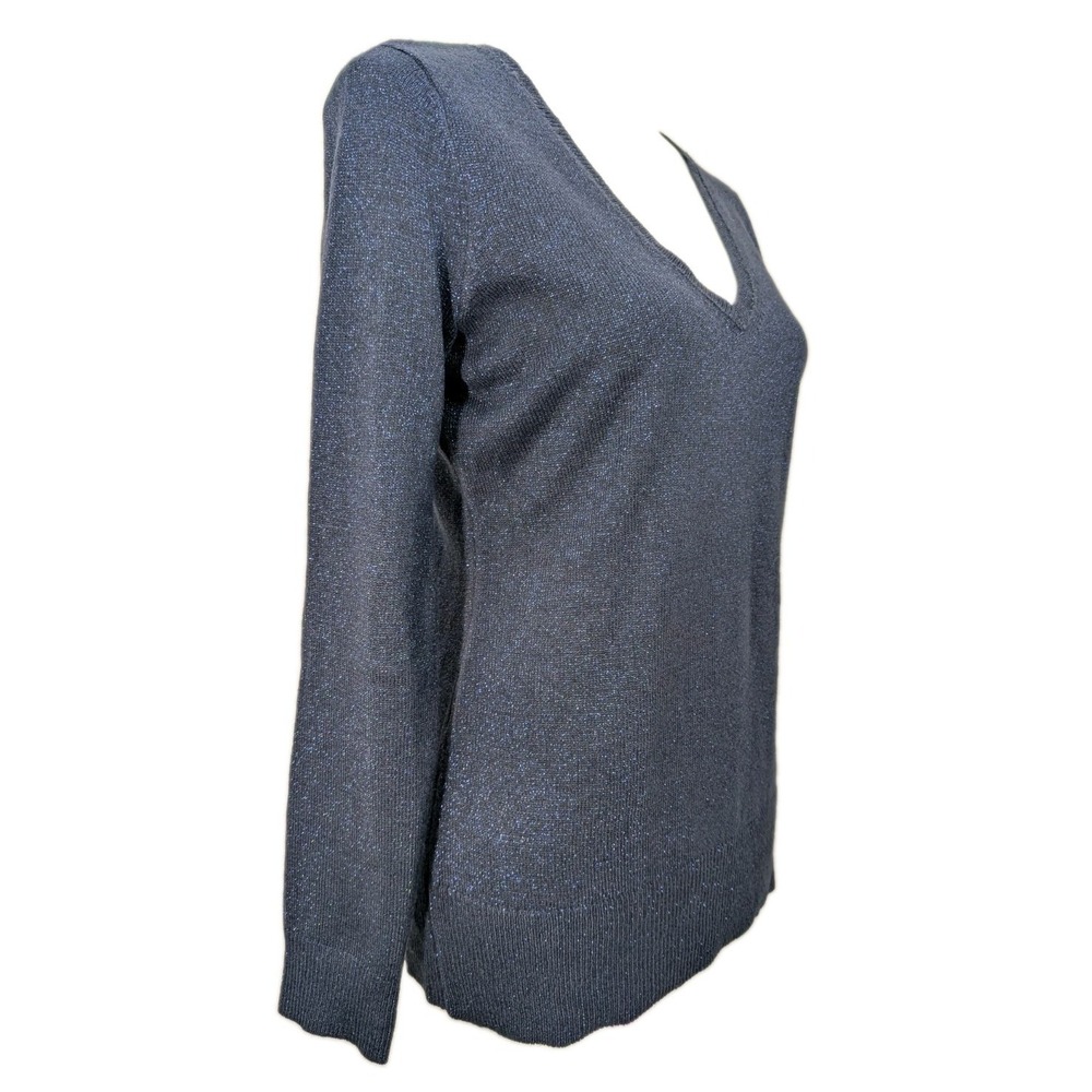 New York & Company Dark Blue Metallic Sparkle V-Neck Sweater Women's Size Small - Picture 2 of 5